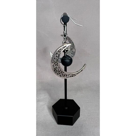 Handmade Silver Dangly Crescent Moon Earrings With Black Vintage Buttons - Picture 3 of 3